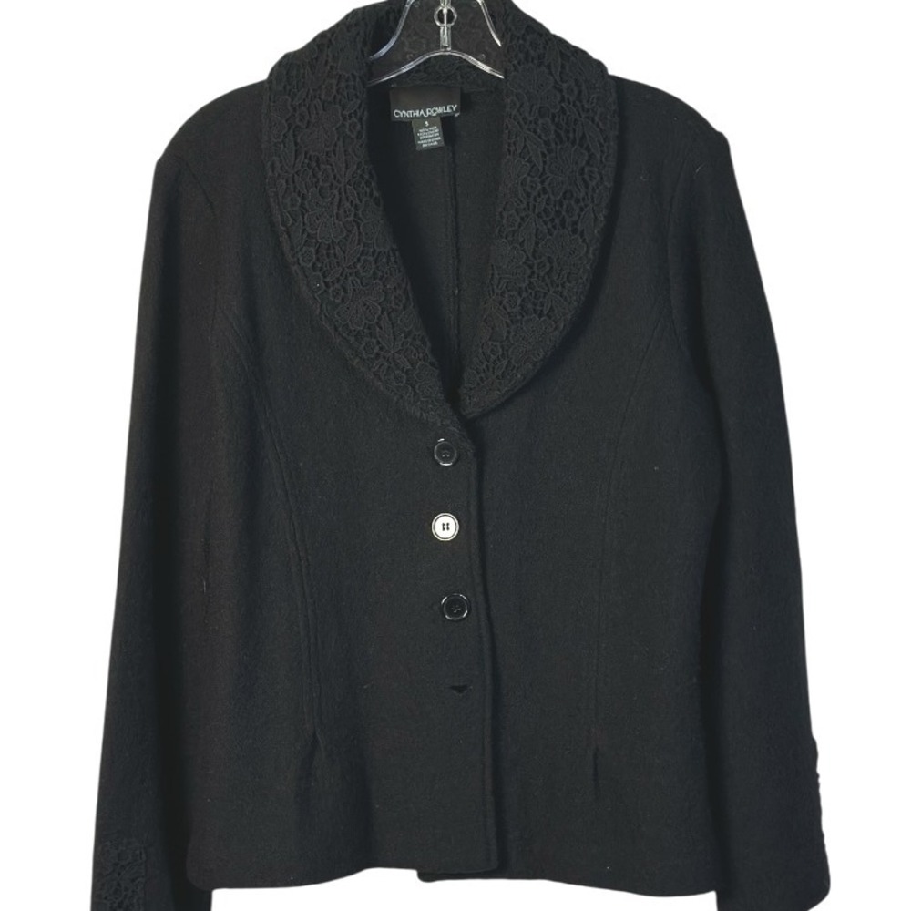 Cynthia Rowley Blazer Jacket 100% Wool Lace Trim‎ Collar Button Front Black SZ S